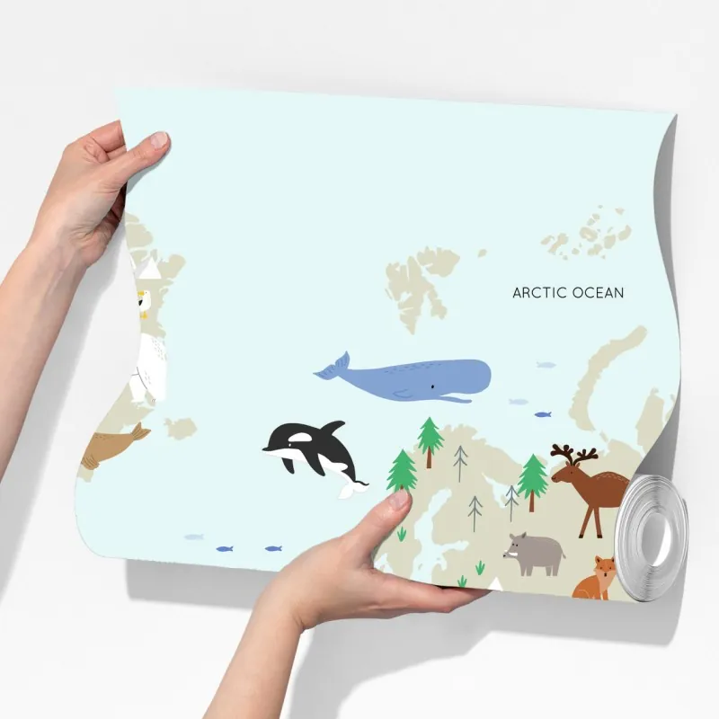 Fototapeta mapa świata ze zwierzętami dla dzieci – Wallissimo® Fototapeta mapa świata ze zwierzętami dla dzieci – Wallissimo®