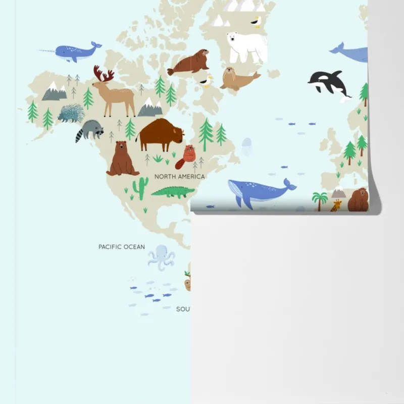 Fototapeta mapa świata ze zwierzętami dla dzieci – Wallissimo® Fototapeta mapa świata ze zwierzętami dla dzieci – Wallissimo®