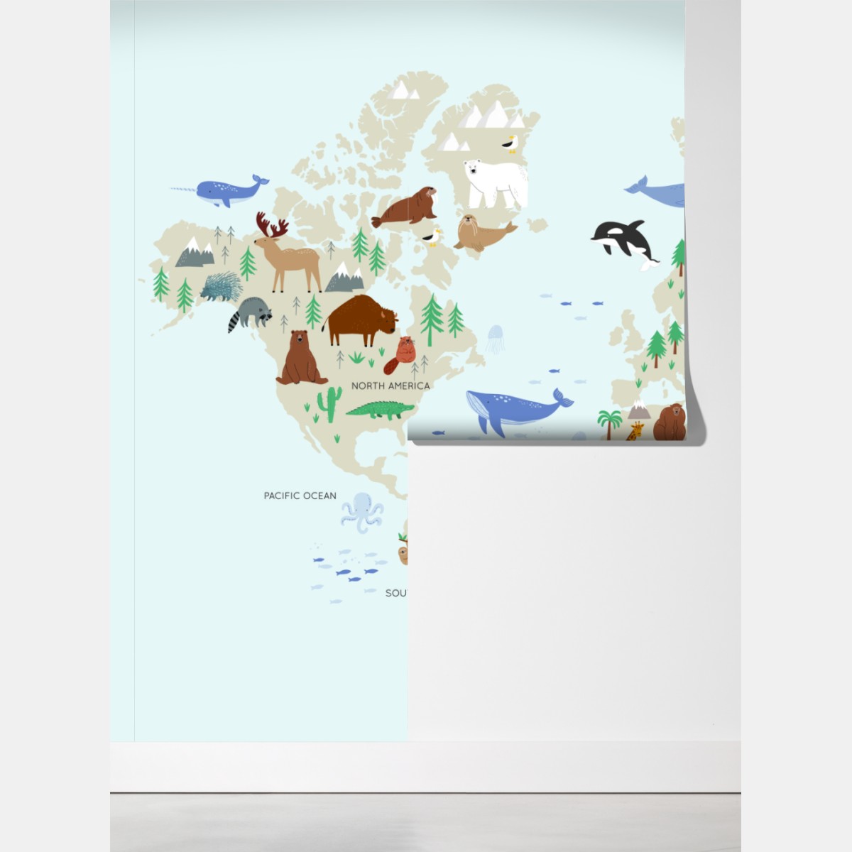 Fototapeta mapa świata ze zwierzętami dla dzieci – Wallissimo® Fototapeta mapa świata ze zwierzętami dla dzieci – Wallissimo®
