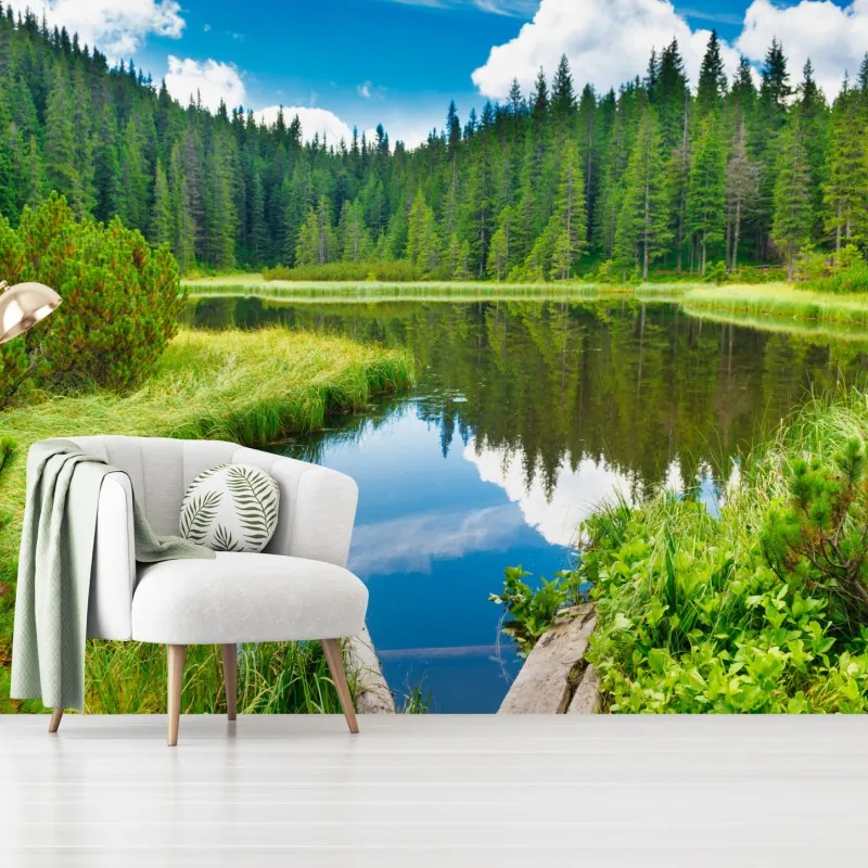 Fototapeta spokojne jezioro leśne z drewnianym mostem