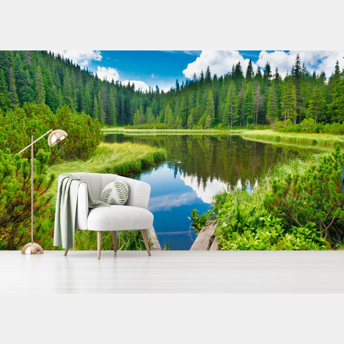 Wall mural tranquil forest lake with wooden bridge