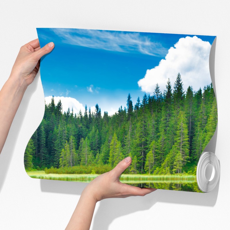 Fototapeta spokojne jezioro leśne z drewnianym mostem – Wallissimo® Fototapeta spokojne jezioro leśne z drewnianym mostem – Wallissimo®