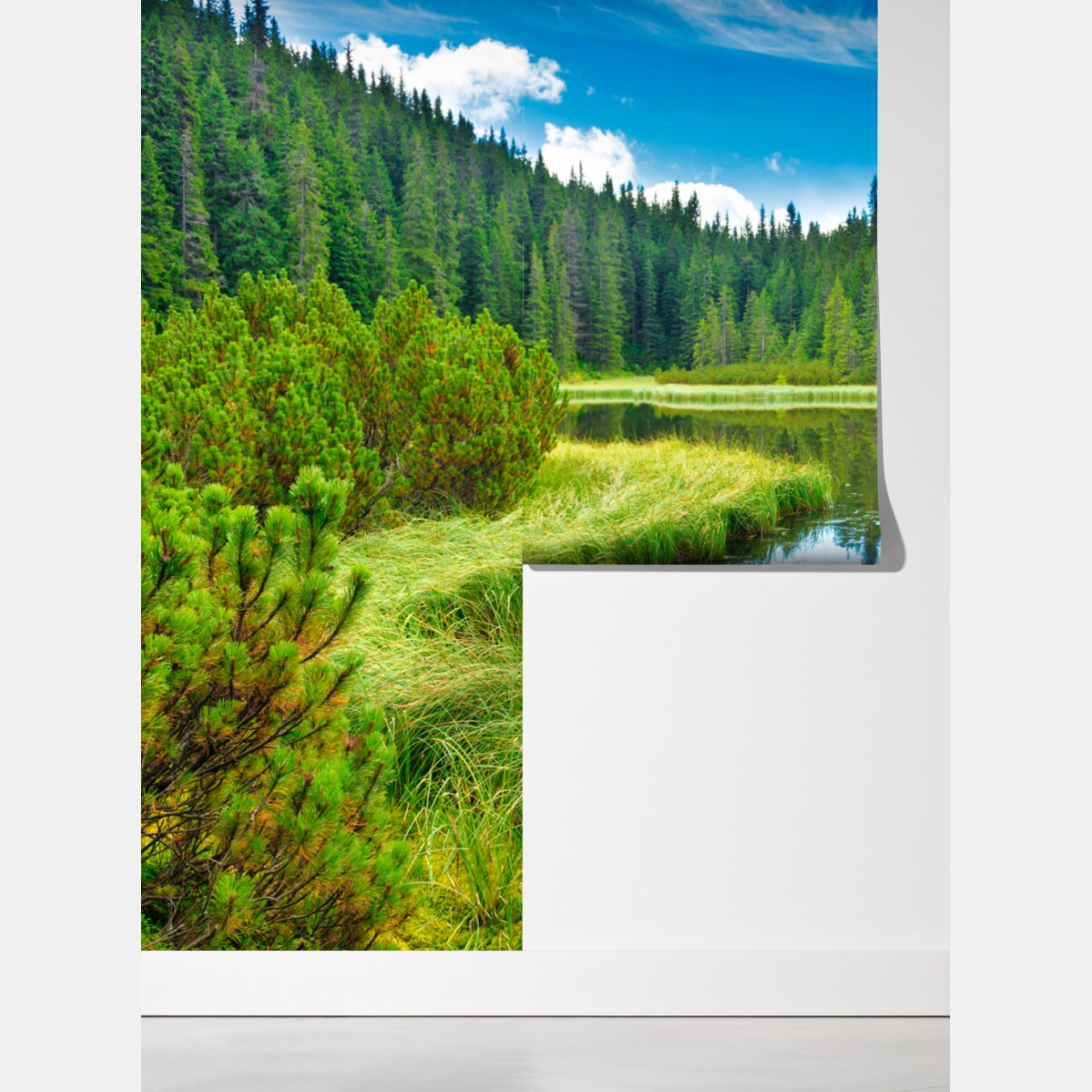 Fototapeta spokojne jezioro leśne z drewnianym mostem – Wallissimo® Fototapeta spokojne jezioro leśne z drewnianym mostem – Wallissimo®