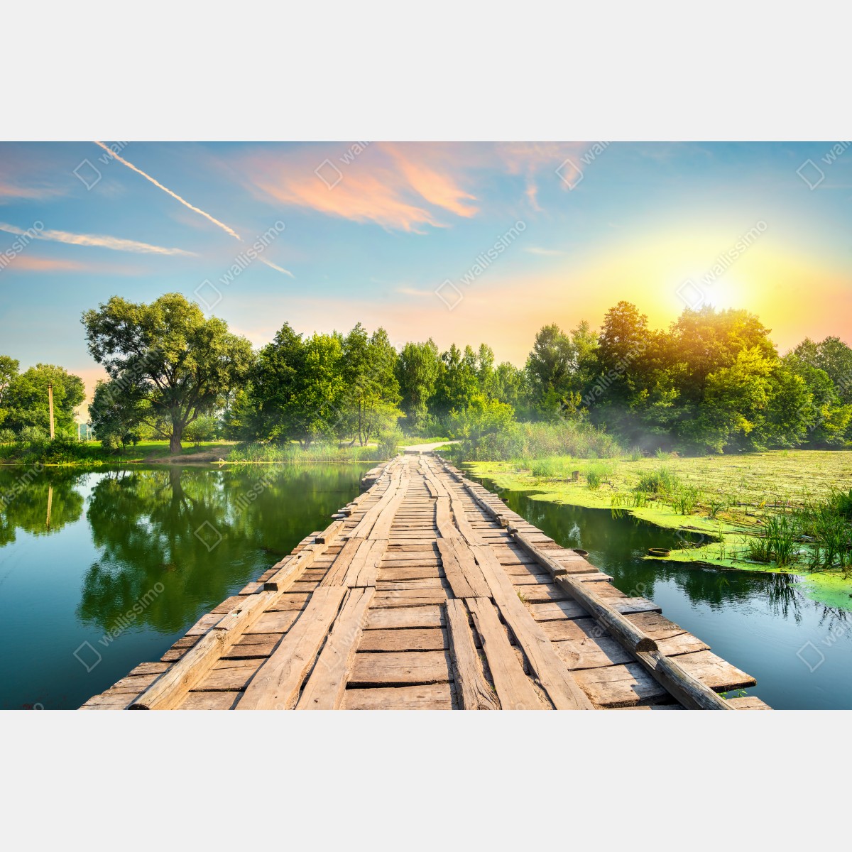 Fototapeta słoneczny drewniany most nad spokojnym jeziorem – Wallissimo® Fototapeta słoneczny drewniany most nad spokojnym jeziorem – Wallissimo®