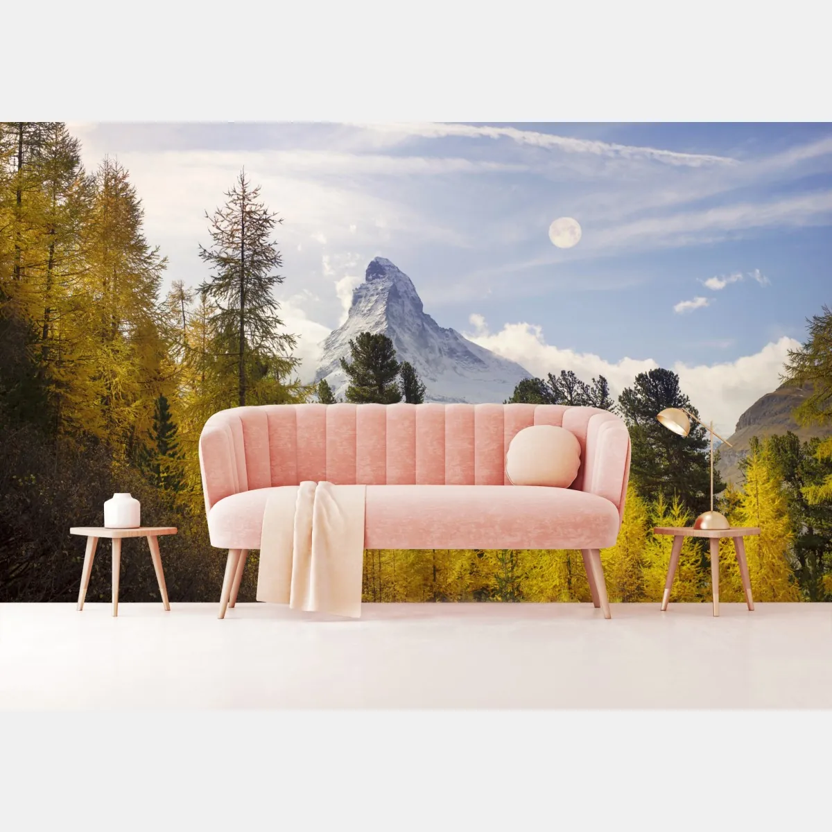 Fototapeta złote modrzewie i Matterhorn – Wallissimo® Fototapeta złote modrzewie i Matterhorn – Wallissimo®