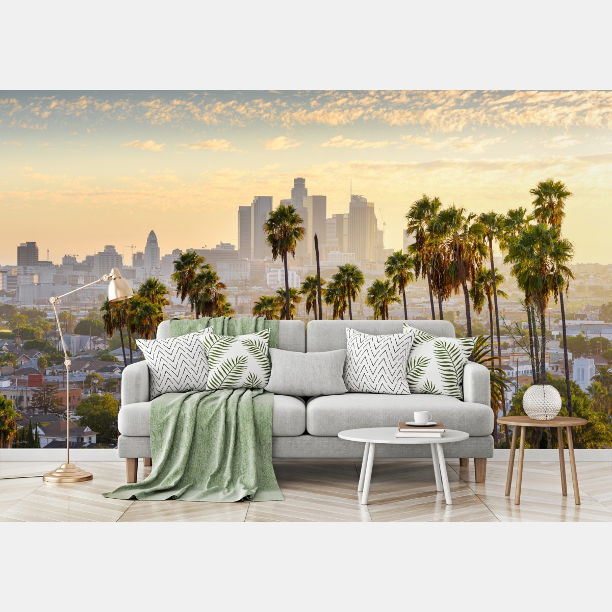 Wall mural golden Los Angeles skyline with palm trees
