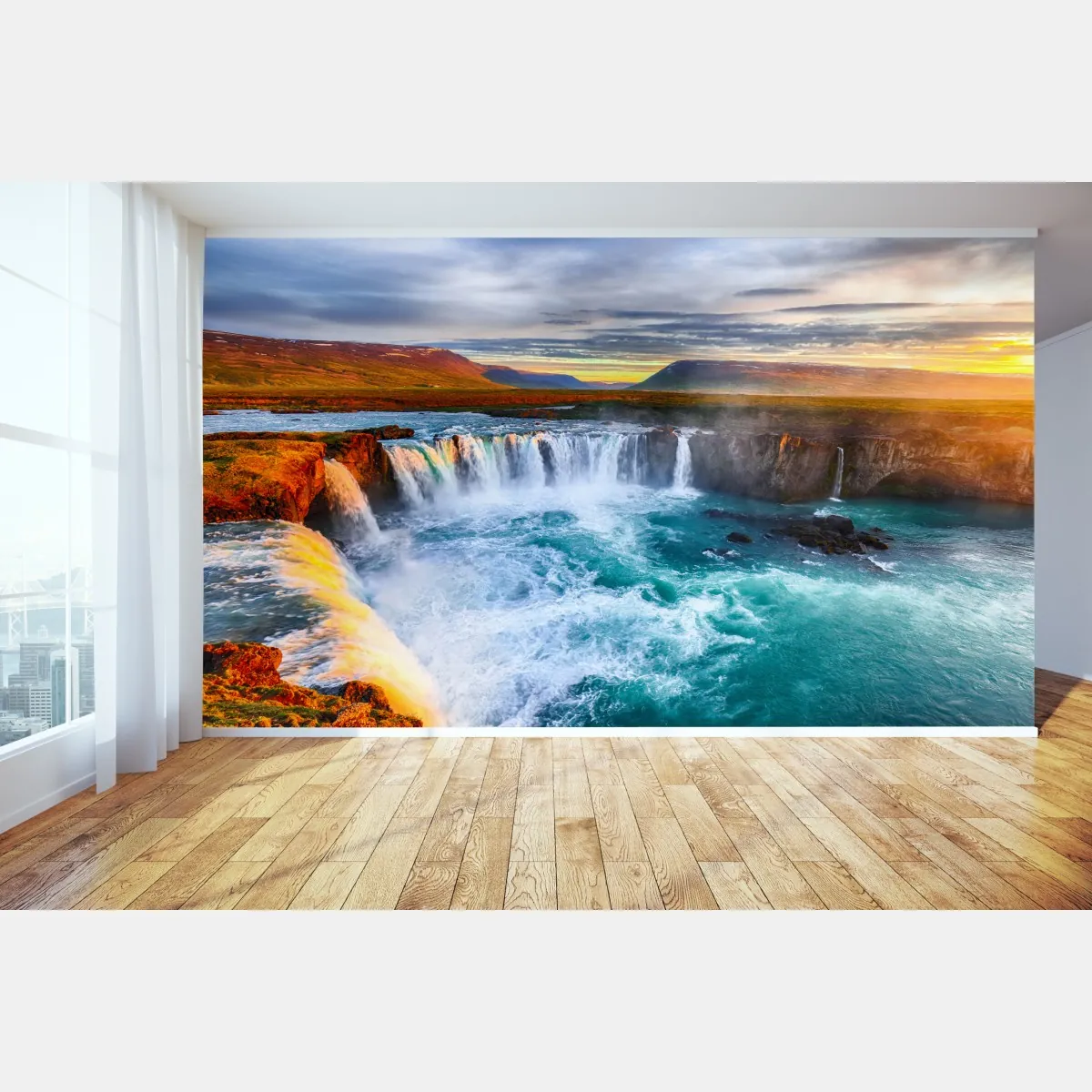 Fototapeta Godafoss wodospad o wschodzie słońca – Wallissimo® Fototapeta Godafoss wodospad o wschodzie słońca – Wallissimo®