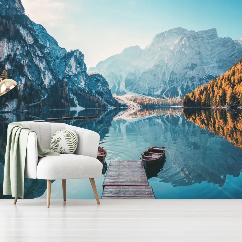 Fototapeta spokojny poranek nad jeziorem Braies, Dolomity