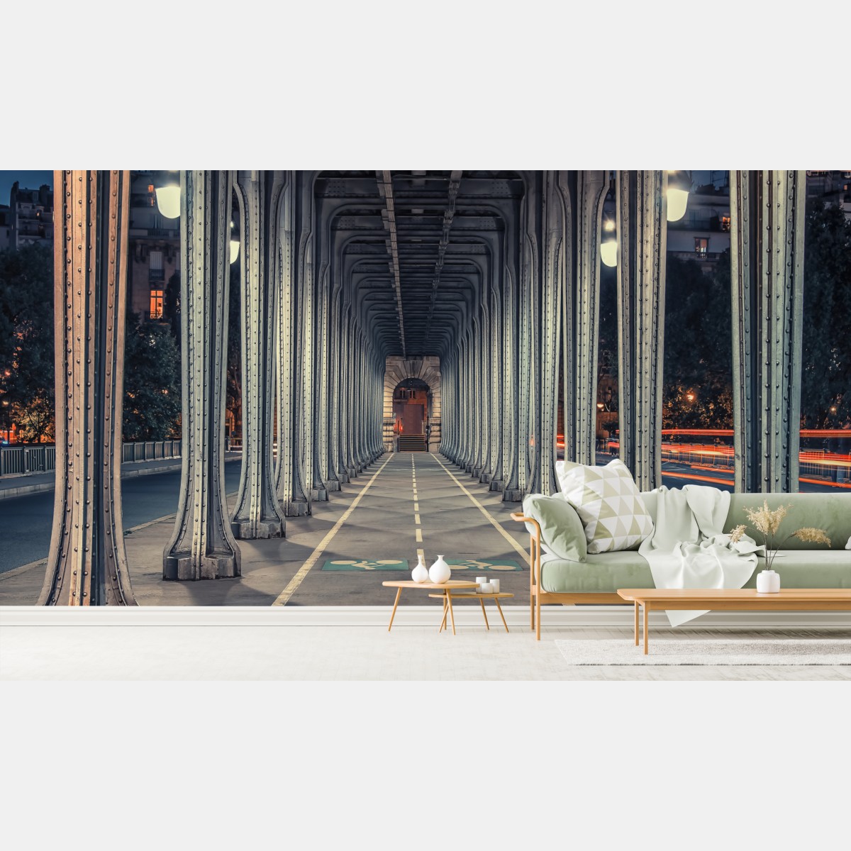 Wall mural symmetrical iron bridge corridor at night