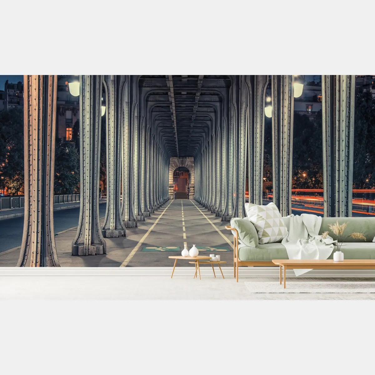 Fototapeta symetryczny korytarz stalowego mostu nocą – Wallissimo® Fototapeta symetryczny korytarz stalowego mostu nocą – Wallissimo®