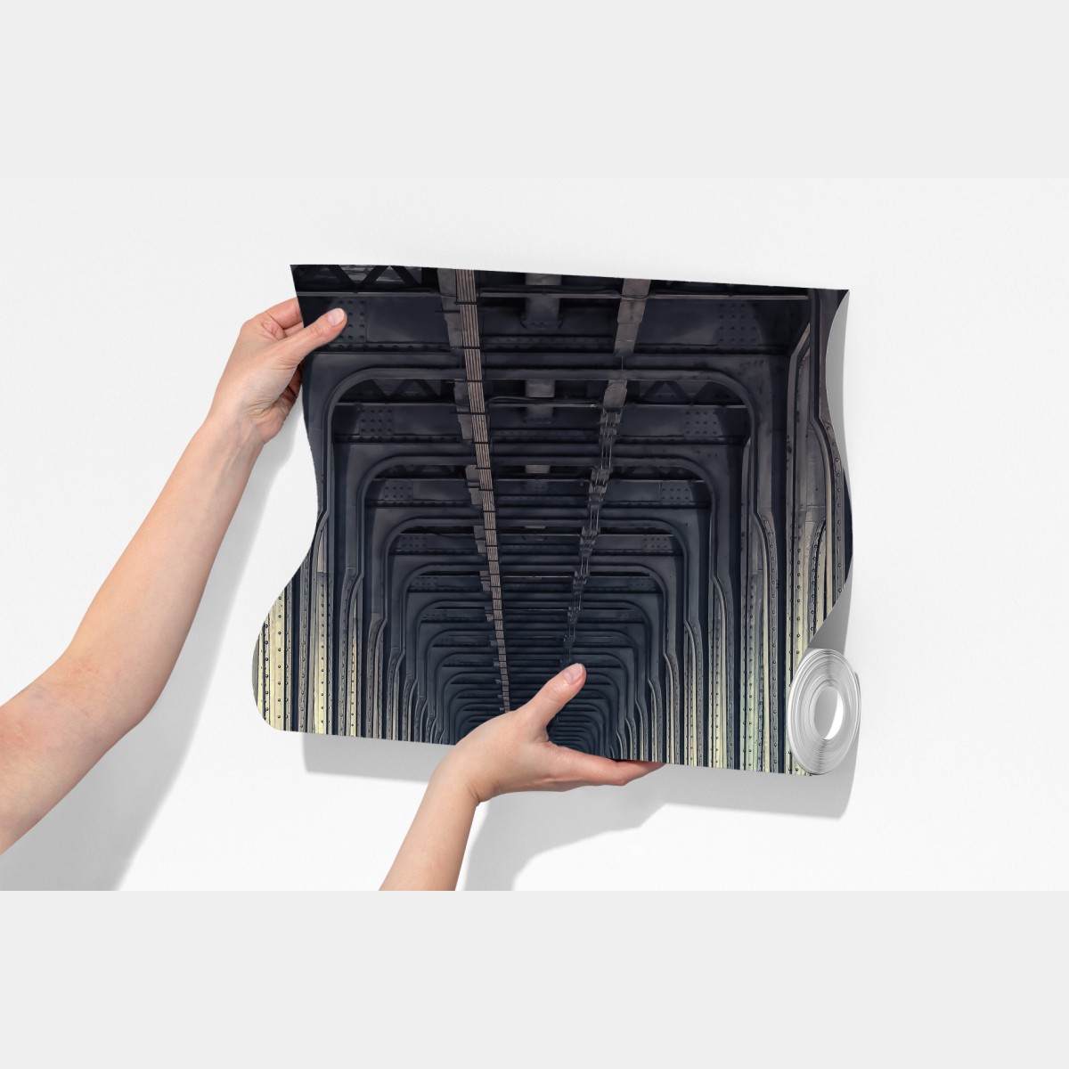 Fototapeta symetryczny korytarz stalowego mostu nocą – Wallissimo® Fototapeta symetryczny korytarz stalowego mostu nocą – Wallissimo®