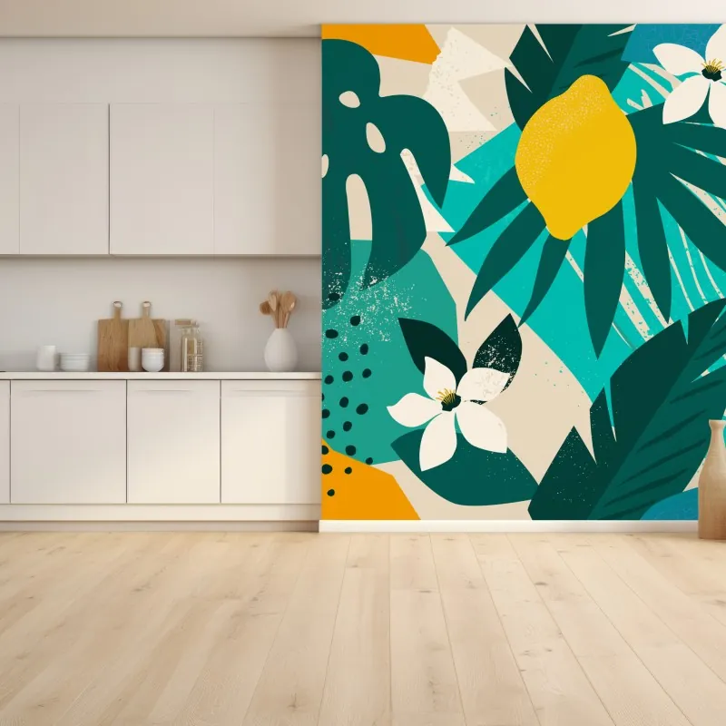 Fototapeta tropikalny wzór z liśćmi i cytrynami – Wallissimo® Fototapeta tropikalny wzór z liśćmi i cytrynami – Wallissimo®