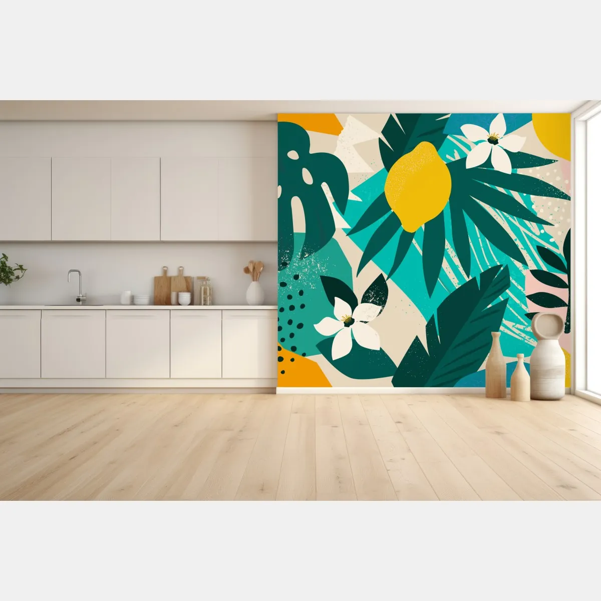 Fototapeta tropikalny wzór z liśćmi i cytrynami – Wallissimo® Fototapeta tropikalny wzór z liśćmi i cytrynami – Wallissimo®