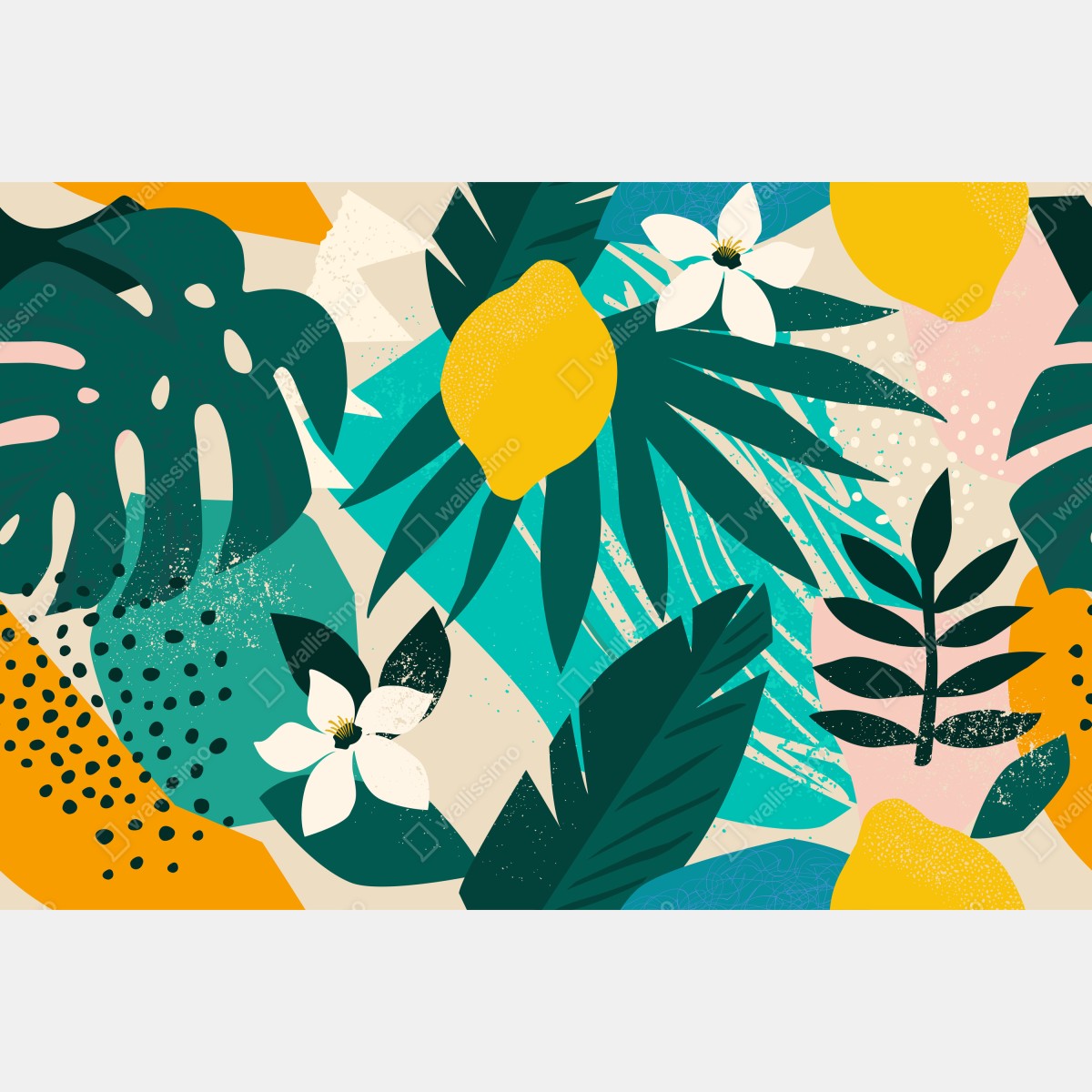 Fototapeta tropikalny wzór z liśćmi i cytrynami – Wallissimo® Fototapeta tropikalny wzór z liśćmi i cytrynami – Wallissimo®