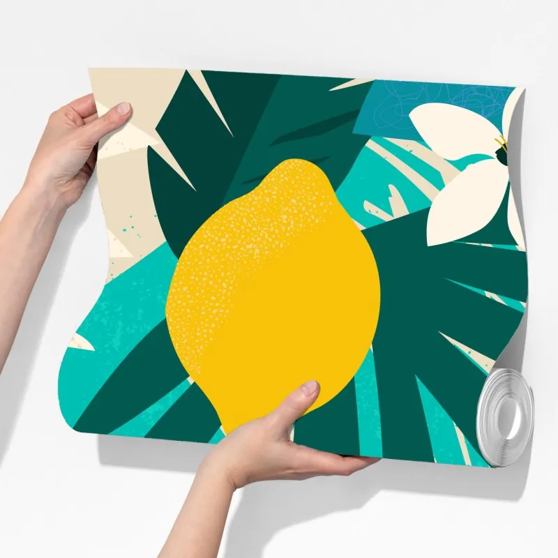 Fototapeta tropikalny wzór z liśćmi i cytrynami – Wallissimo® Fototapeta tropikalny wzór z liśćmi i cytrynami – Wallissimo®