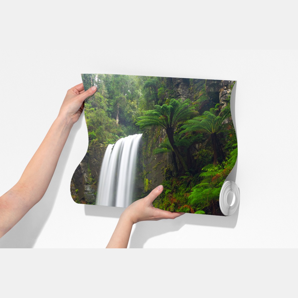 Fototapeta lśniący wodospad w lesie pełnym paproci – Wallissimo® Fototapeta lśniący wodospad w lesie pełnym paproci – Wallissimo®