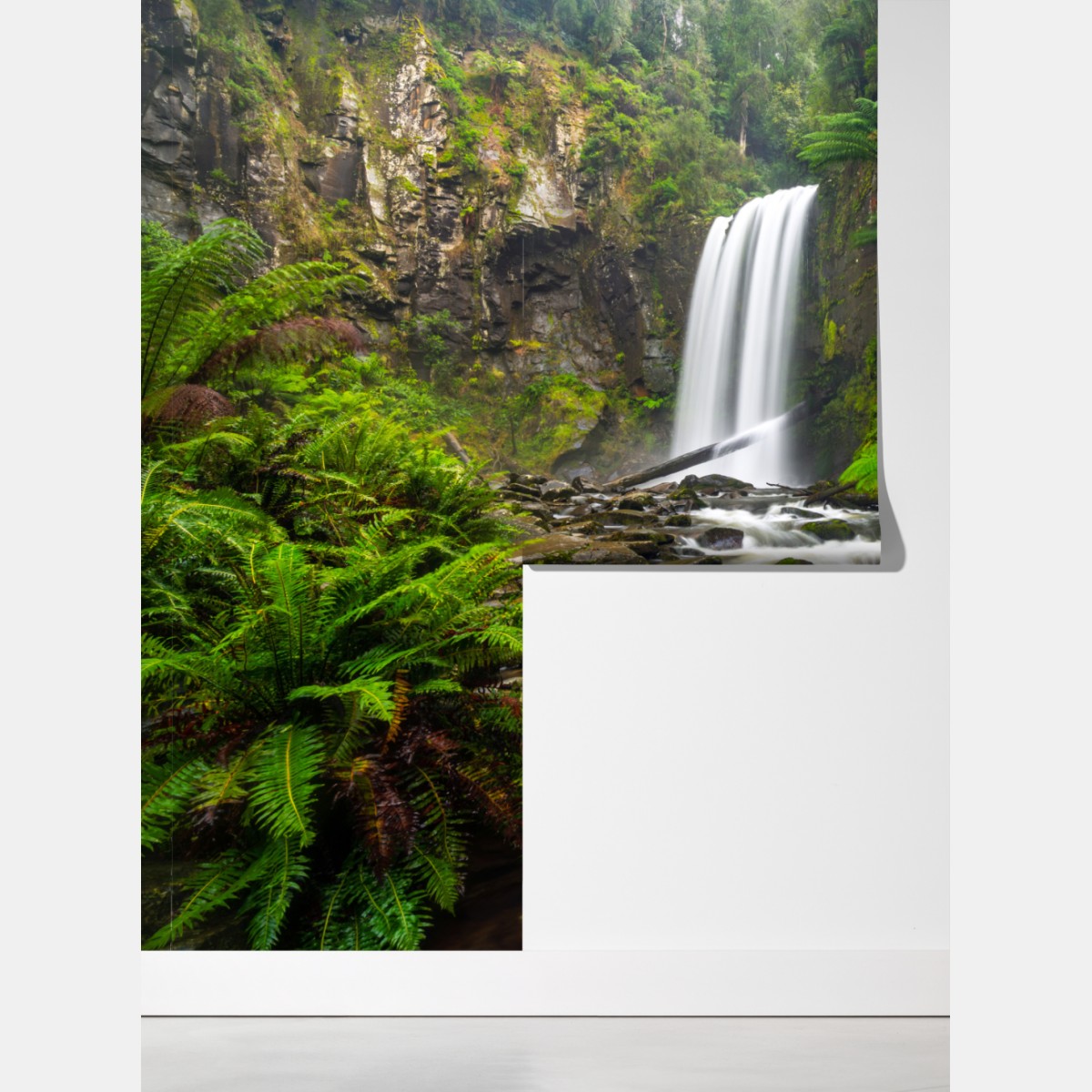 Fototapeta lśniący wodospad w lesie pełnym paproci – Wallissimo® Fototapeta lśniący wodospad w lesie pełnym paproci – Wallissimo®