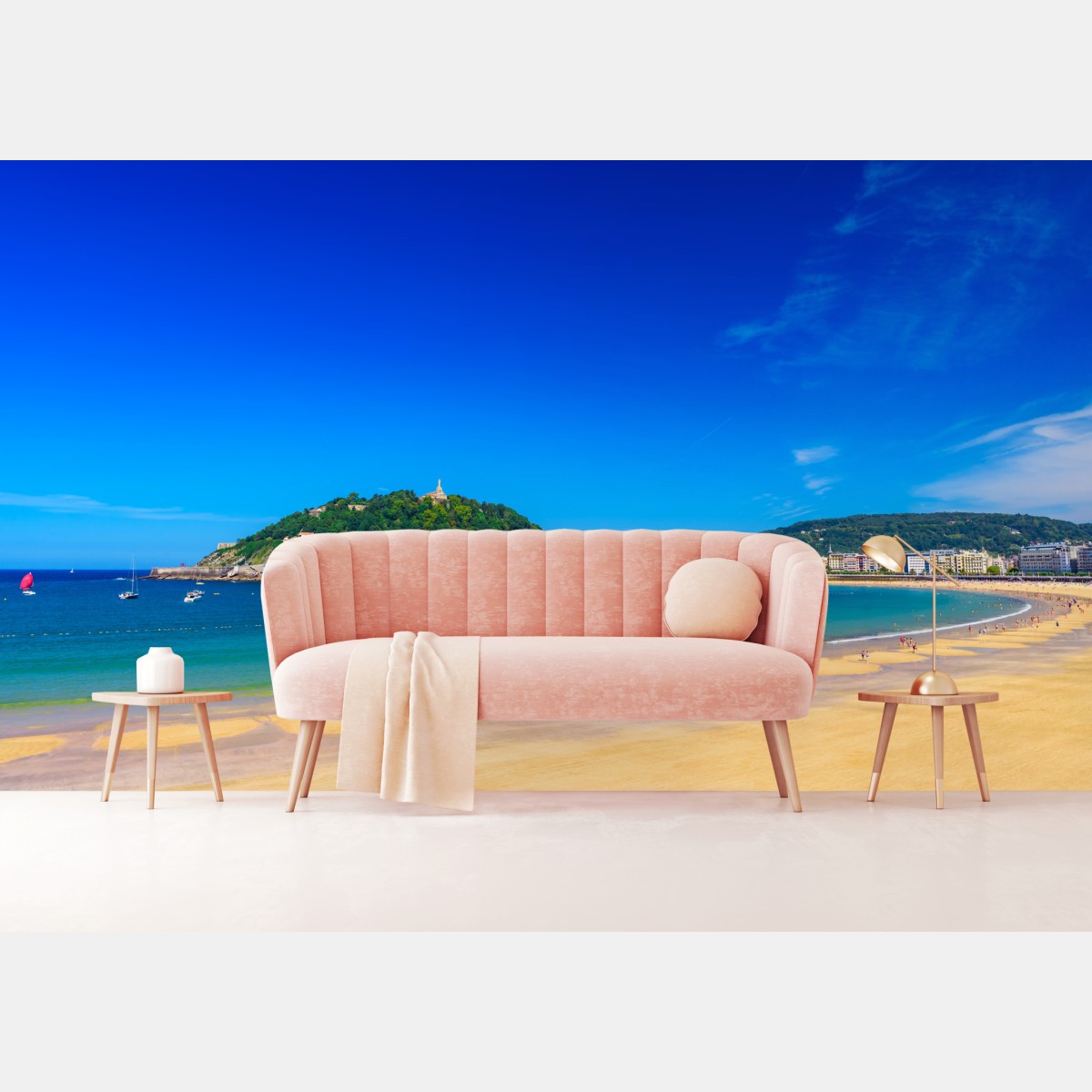 Wall mural sunlit coastal panorama with golden sand