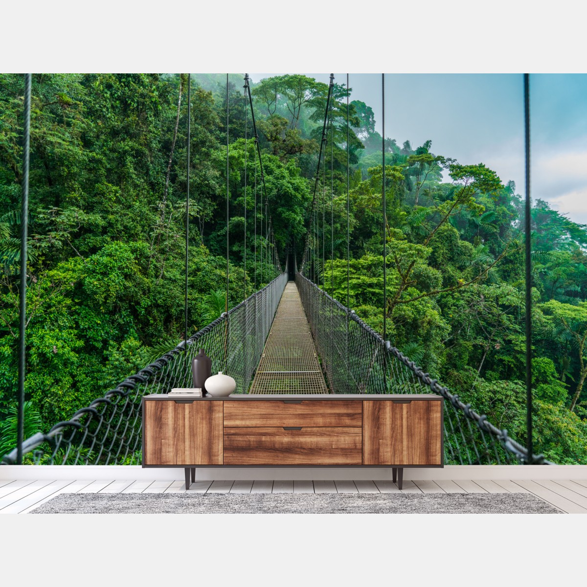 Wall mural suspension canopy bridge through lush rainforest