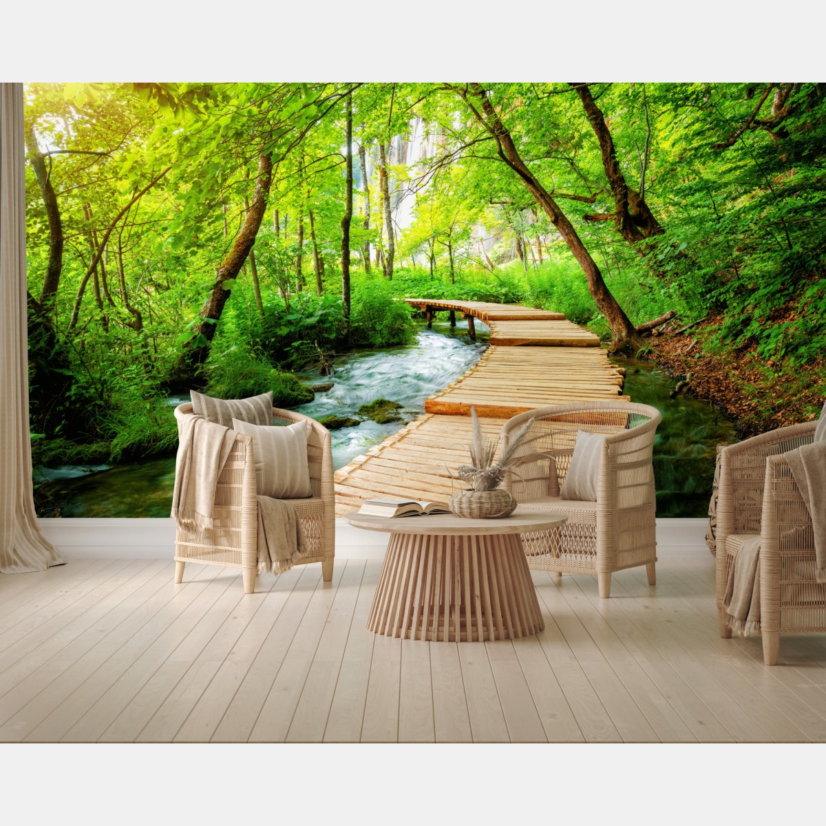 Wall mural wooden boardwalk through Plitvice Lakes