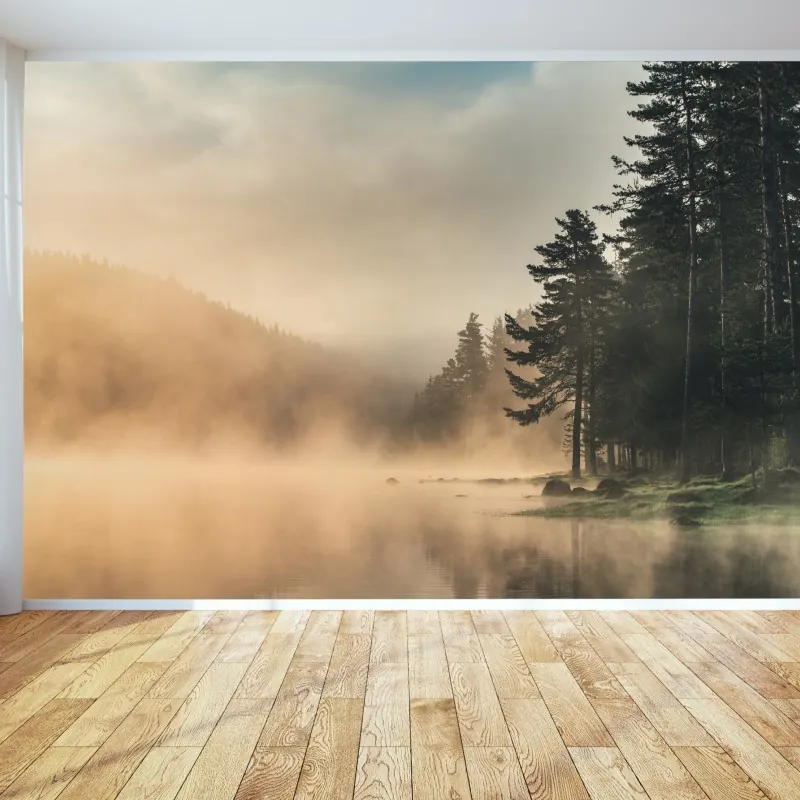 Fototapeta mglisty wschód słońca nad leśnym jeziorem