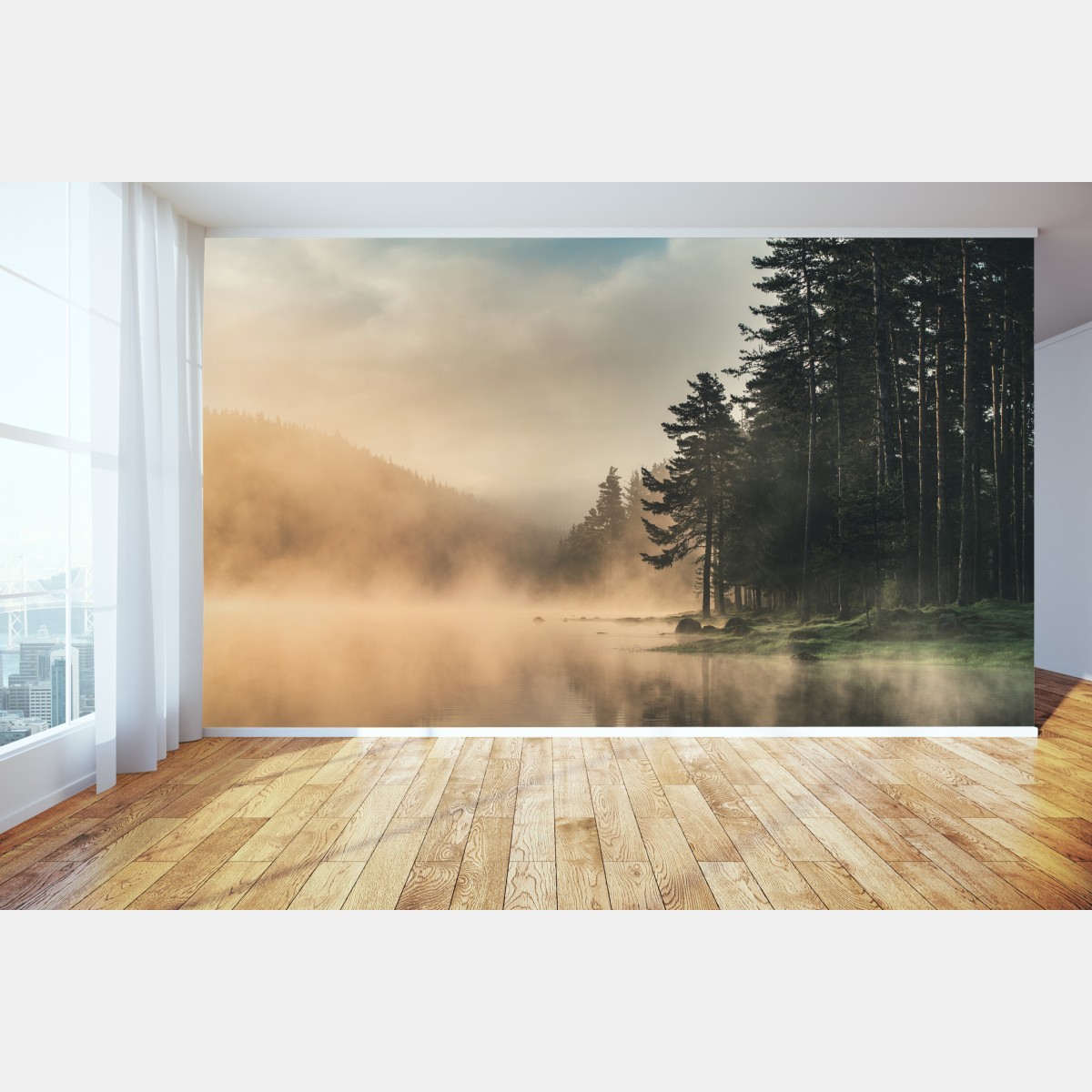 Wall mural misty sunrise over forest lake