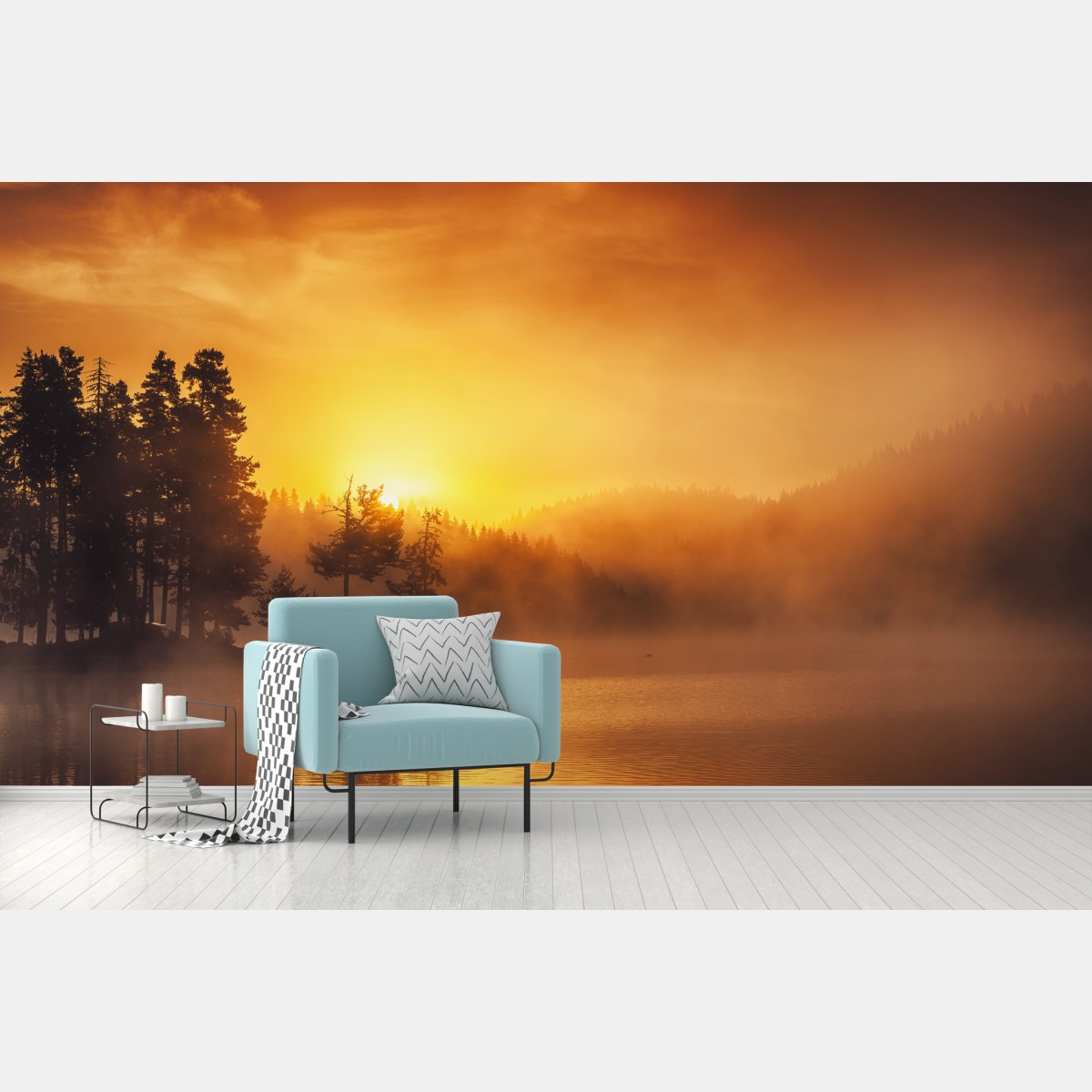 Wall mural golden sunrise over a misty lake