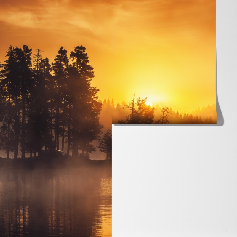 Fototapeta złoty wschód słońca nad mglistym jeziorem – Wallissimo® Fototapeta złoty wschód słońca nad mglistym jeziorem – Wallissimo®