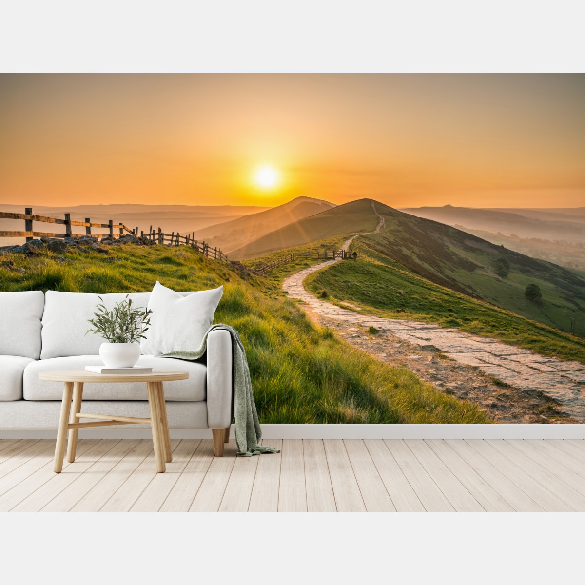 Wall mural sunrise over rolling green hills