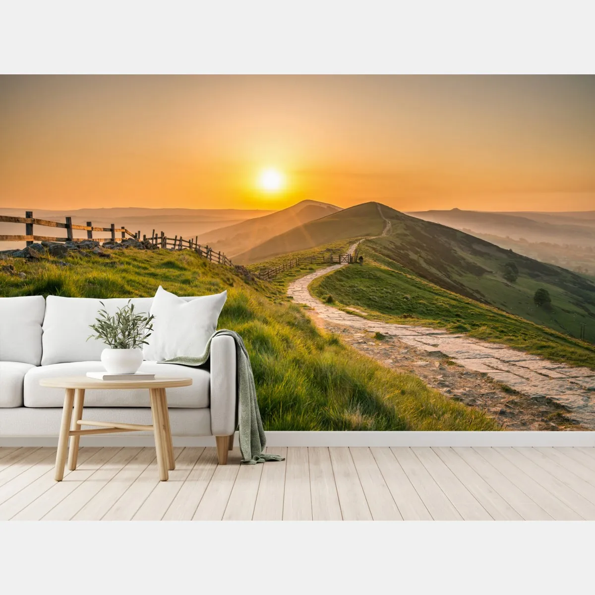 Fototapeta wschód słońca nad zielonymi pagórkami – Wallissimo® Fototapeta wschód słońca nad zielonymi pagórkami – Wallissimo®