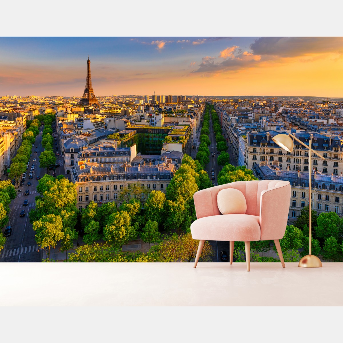 Wall mural sunset skyline of Paris with Eiffel Tower