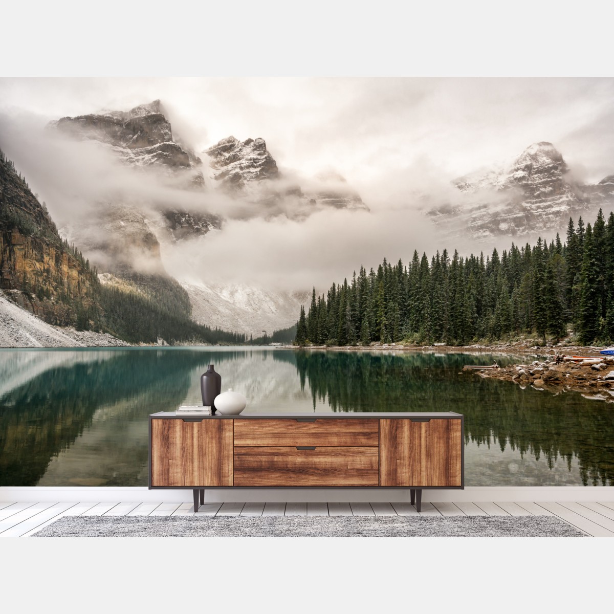 Wall mural misty mountain lake reflection