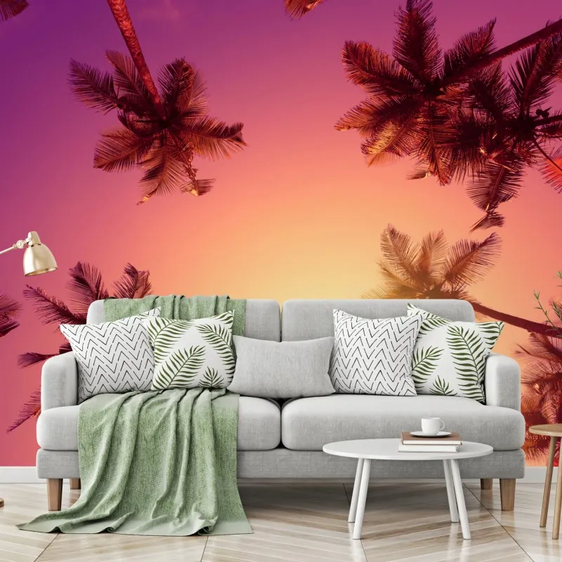 Fototapeta tropikalny zachód słońca z sylwetkami palm