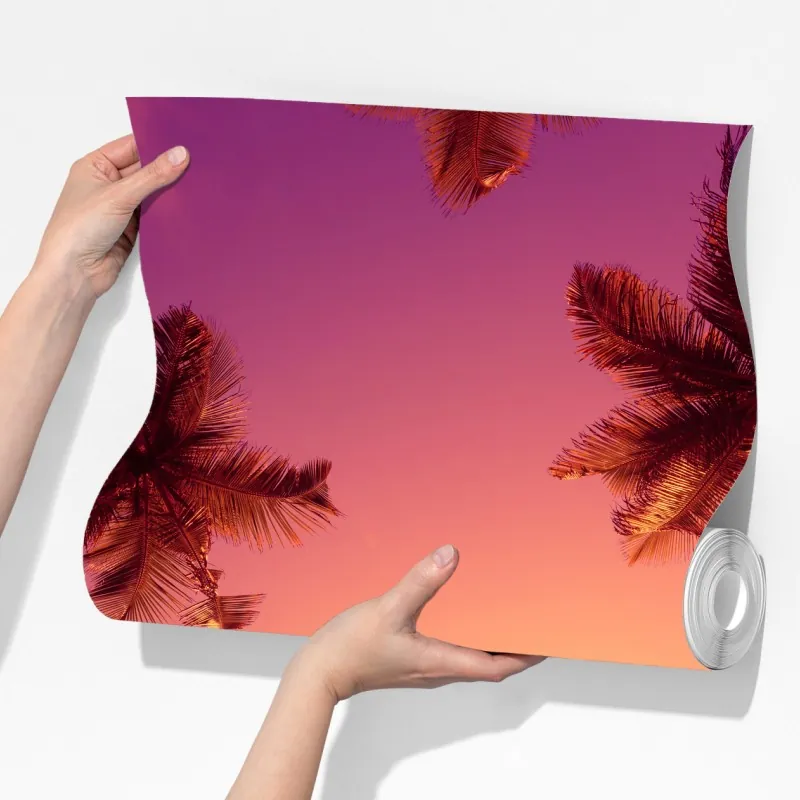 Fototapeta tropikalny zachód słońca z sylwetkami palm – Wallissimo® Fototapeta tropikalny zachód słońca z sylwetkami palm – Wallissimo®