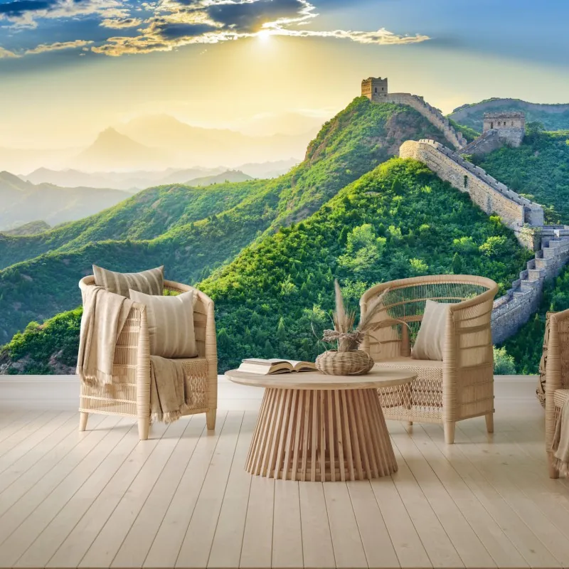 Fototapeta Wielki Mur o świcie nad zielonymi górami