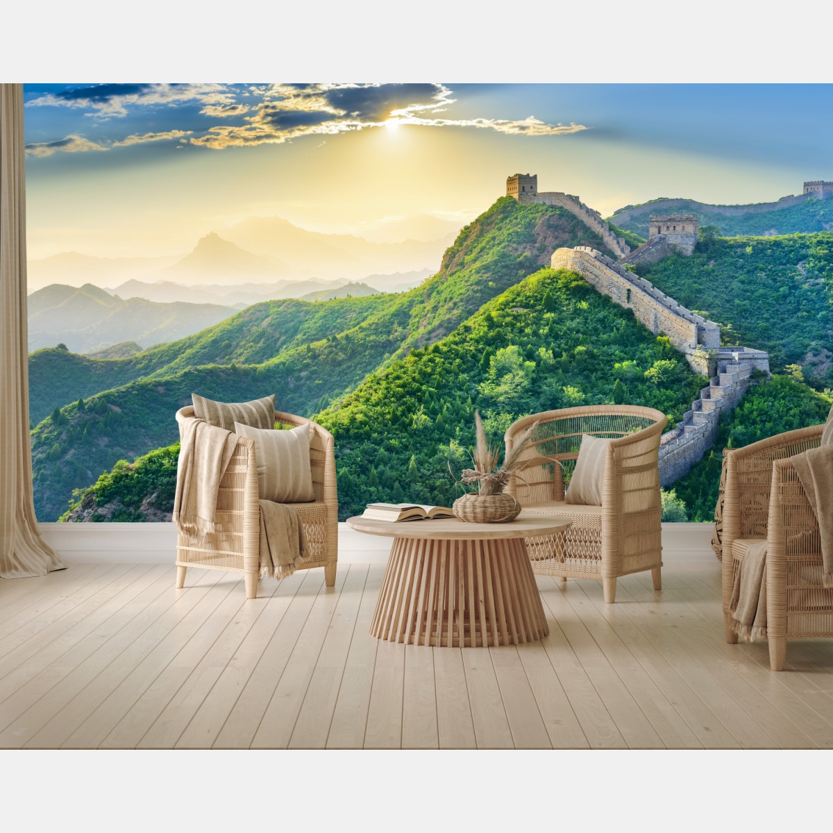 Wall mural Great Wall at sunrise over green mountains