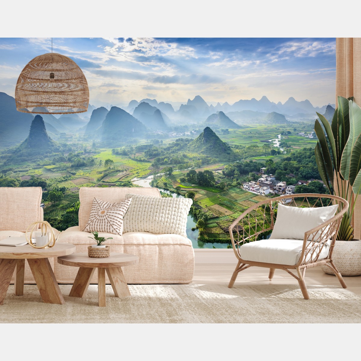 Wall mural misty karst mountain valley at sunrise