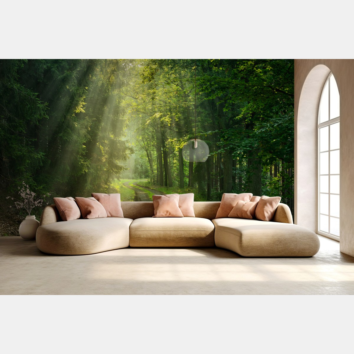 Wall mural sunlit forest path