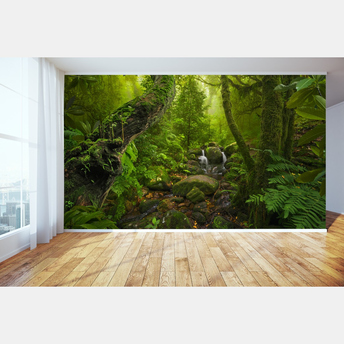 Wall mural lush green forest stream