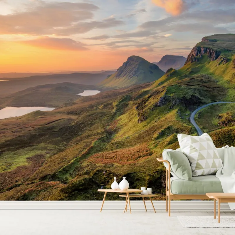 Fototapeta zachód słońca nad zielonymi wzgórzami – Wallissimo® Fototapeta zachód słońca nad zielonymi wzgórzami – Wallissimo®