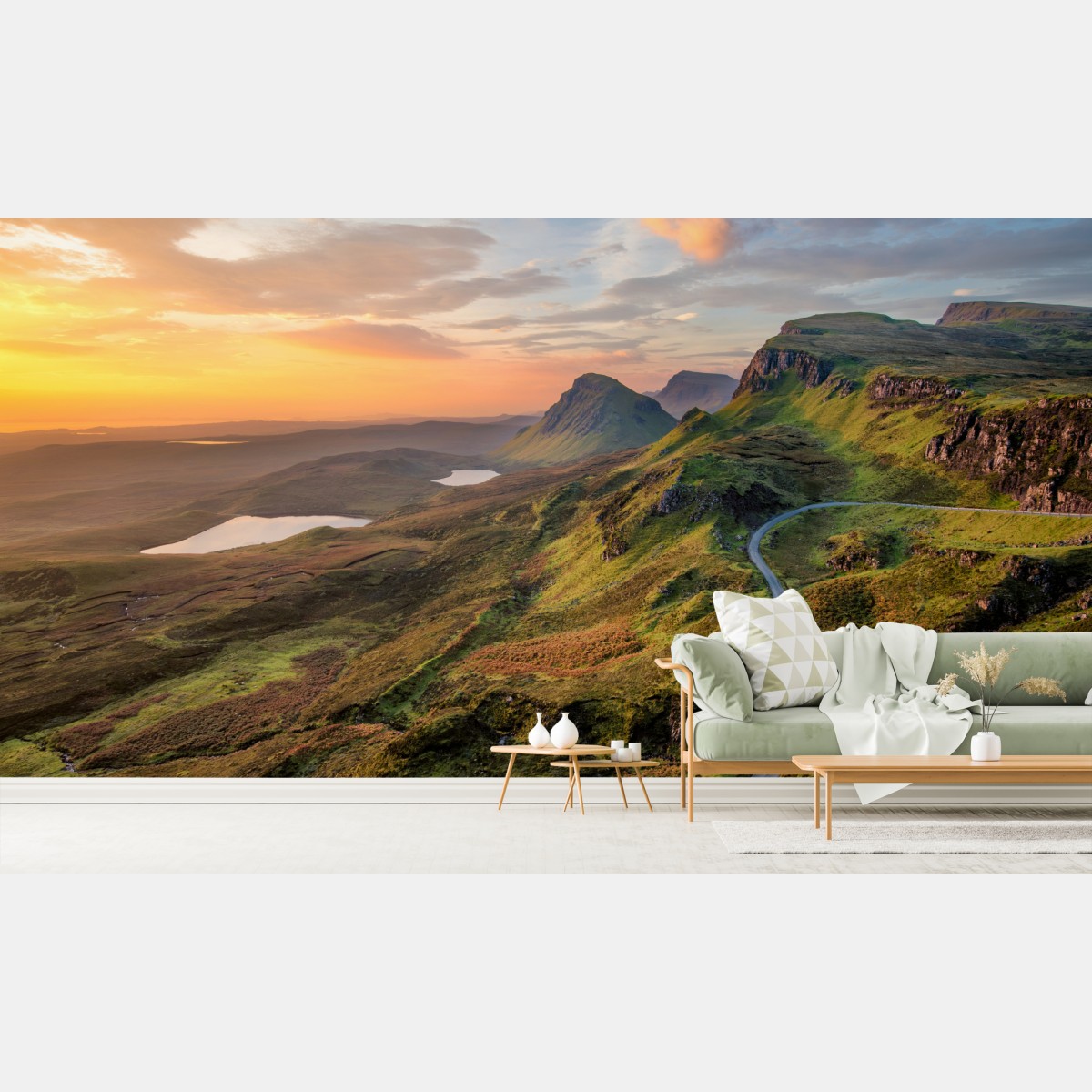 Wall mural sunset over rolling green hills