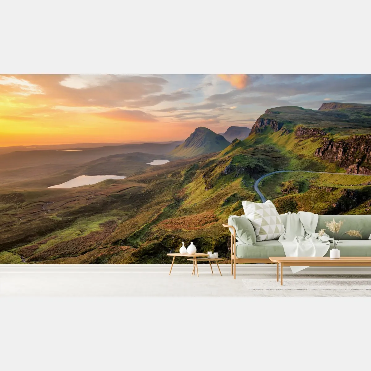 Fototapeta zachód słońca nad zielonymi wzgórzami – Wallissimo® Fototapeta zachód słońca nad zielonymi wzgórzami – Wallissimo®