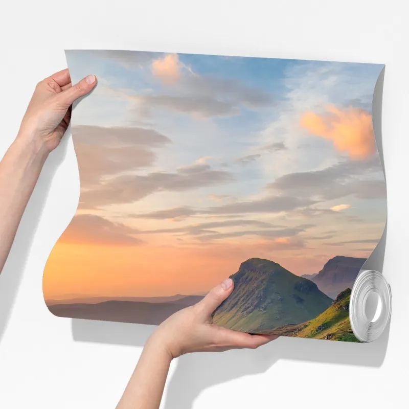 Fototapeta zachód słońca nad zielonymi wzgórzami – Wallissimo® Fototapeta zachód słońca nad zielonymi wzgórzami – Wallissimo®