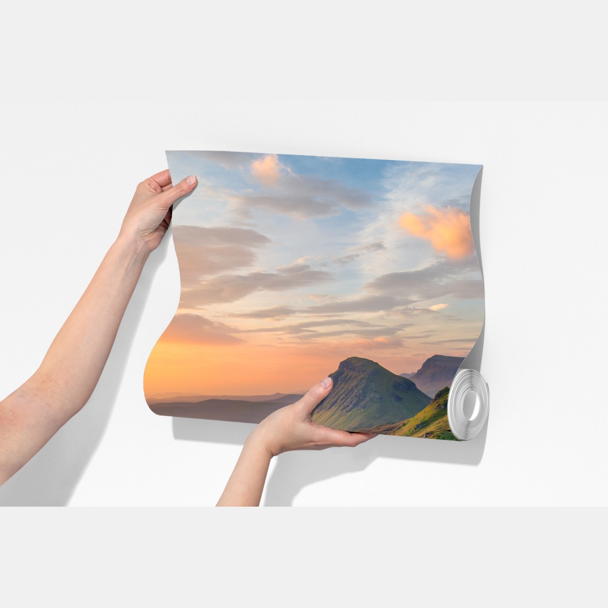 Fototapeta zachód słońca nad zielonymi wzgórzami – Wallissimo® Fototapeta zachód słońca nad zielonymi wzgórzami – Wallissimo®