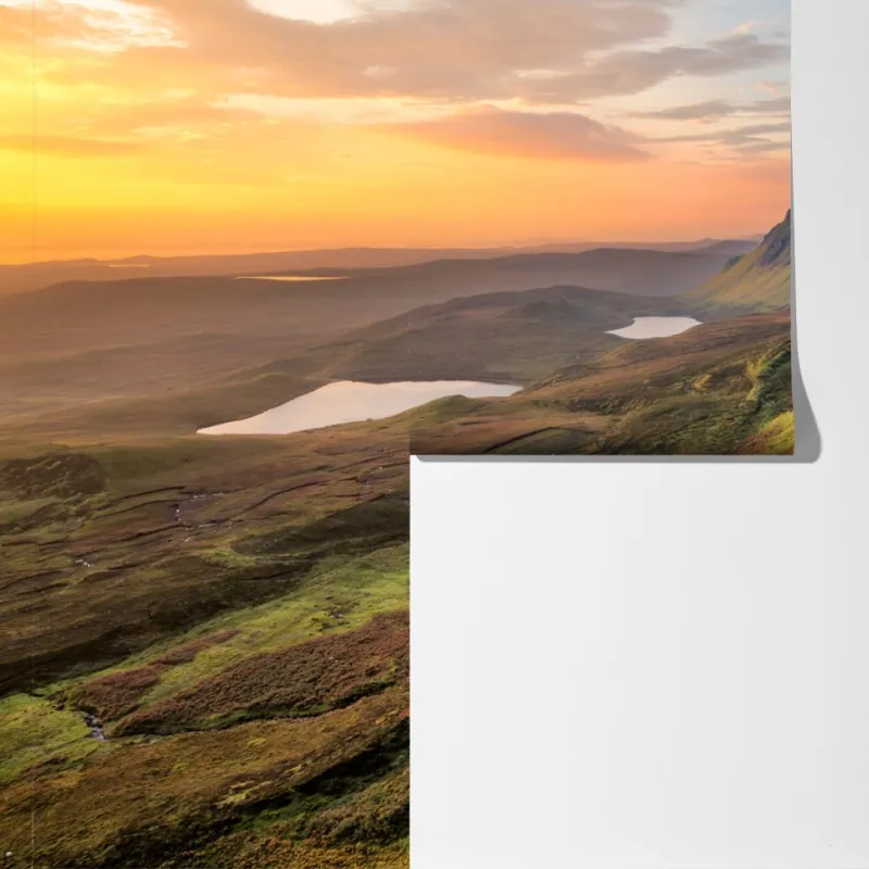 Fototapeta zachód słońca nad zielonymi wzgórzami – Wallissimo® Fototapeta zachód słońca nad zielonymi wzgórzami – Wallissimo®