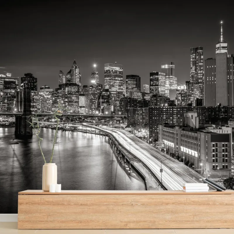 Fototapeta czarno-biała panorama miasta nocą – Wallissimo® Fototapeta czarno-biała panorama miasta nocą – Wallissimo®