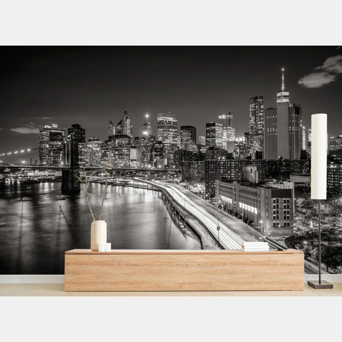 Fototapeta czarno-biała panorama miasta nocą – Wallissimo® Fototapeta czarno-biała panorama miasta nocą – Wallissimo®