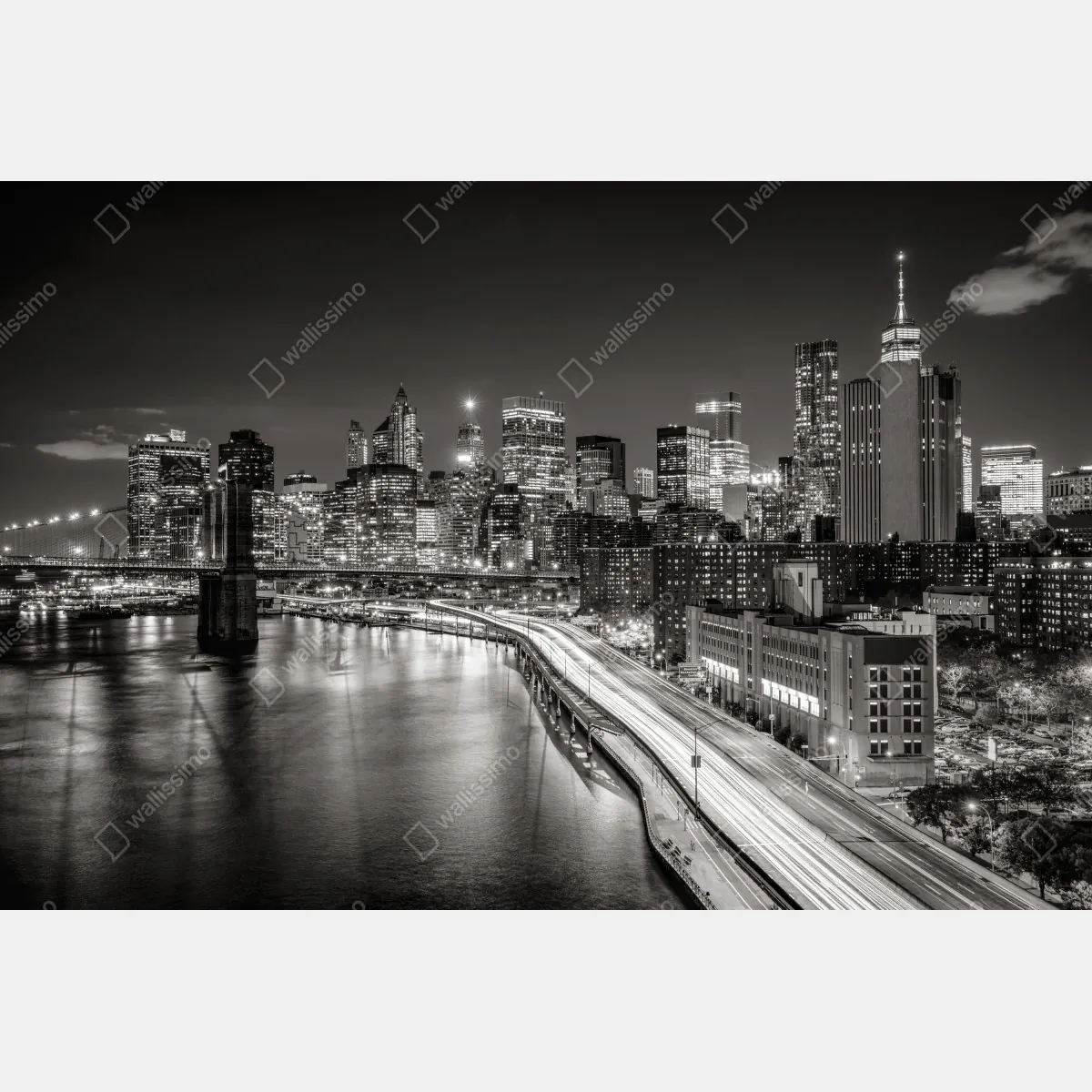 Fototapeta czarno-biała panorama miasta nocą – Wallissimo® Fototapeta czarno-biała panorama miasta nocą – Wallissimo®