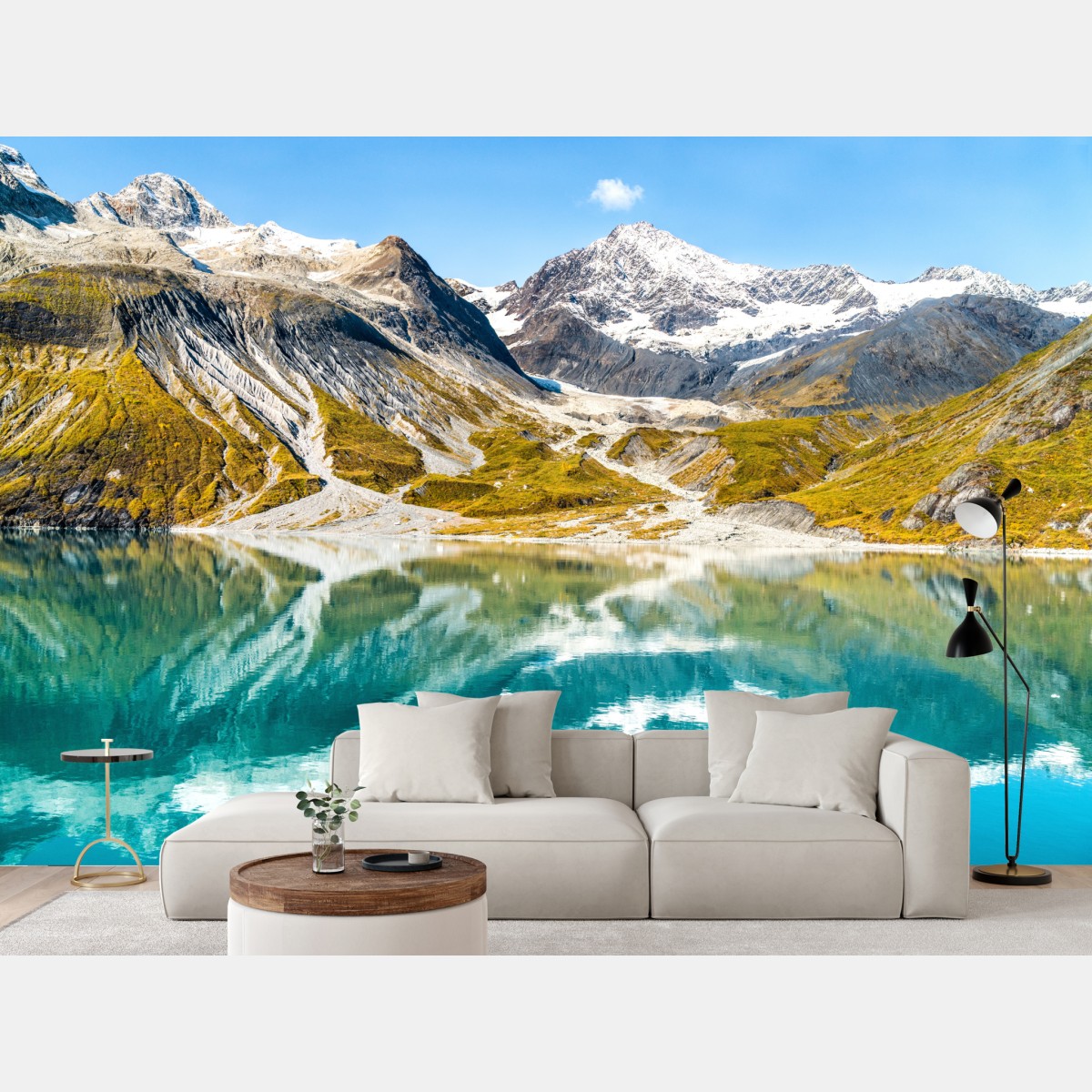 Wall mural serene alpine lake with snow-capped peaks