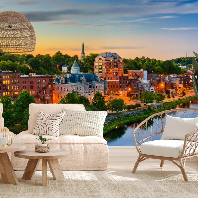 Fototapeta Augusta panorama miasta przy rzece Kennebec o zachodzie słońca